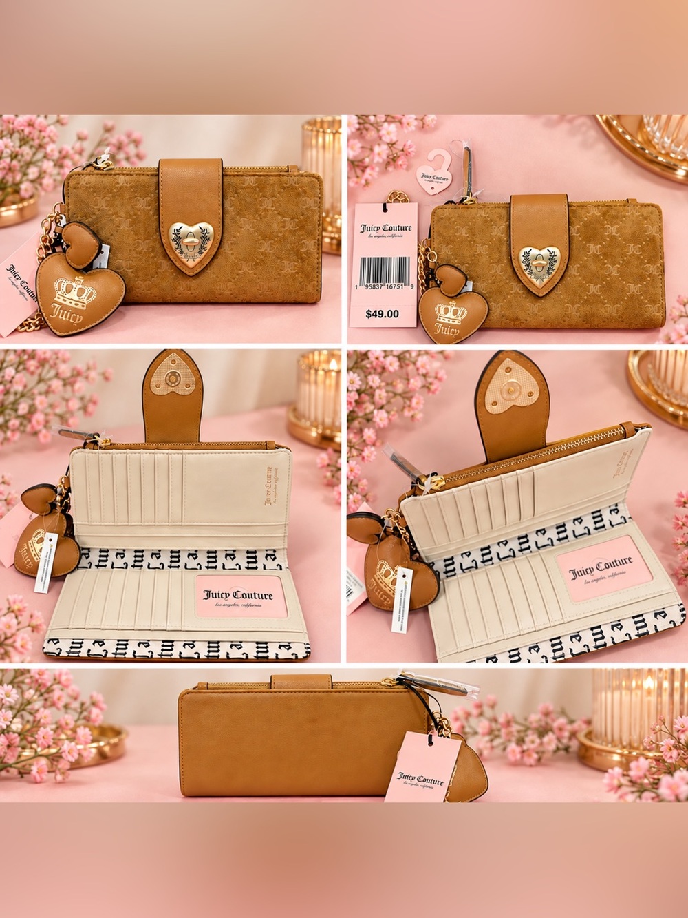 Juicy Couture Tan Logo-Embossed Heart Charm Wallet